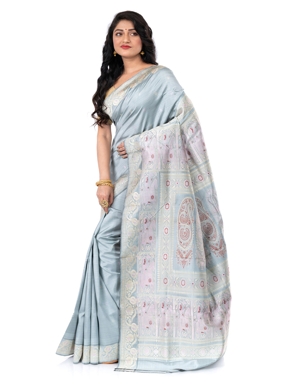 Grey handwoven malda silk swarnachari baluchari saree
