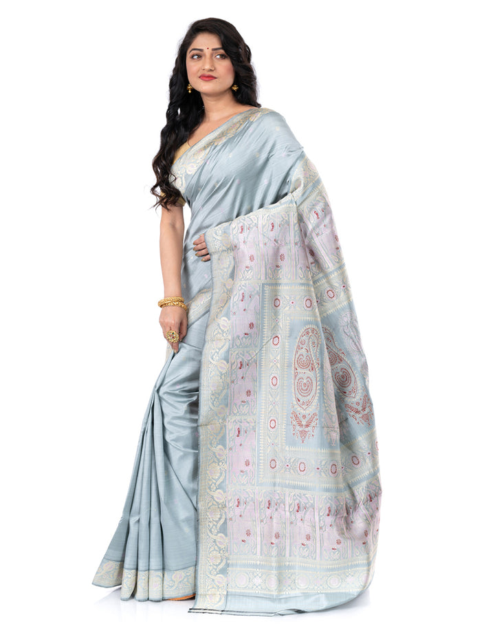 Grey handwoven malda silk swarnachari baluchari saree