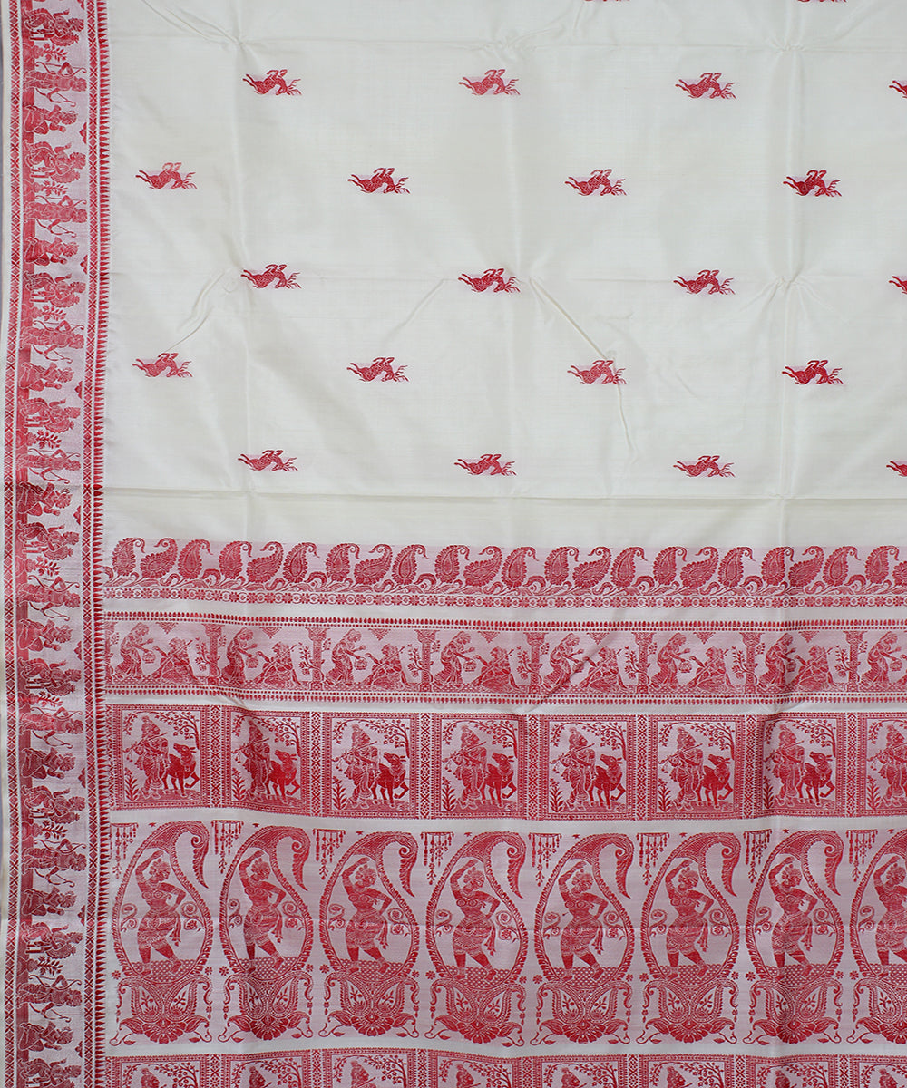 Off white and red handwoven silk baluchari saree