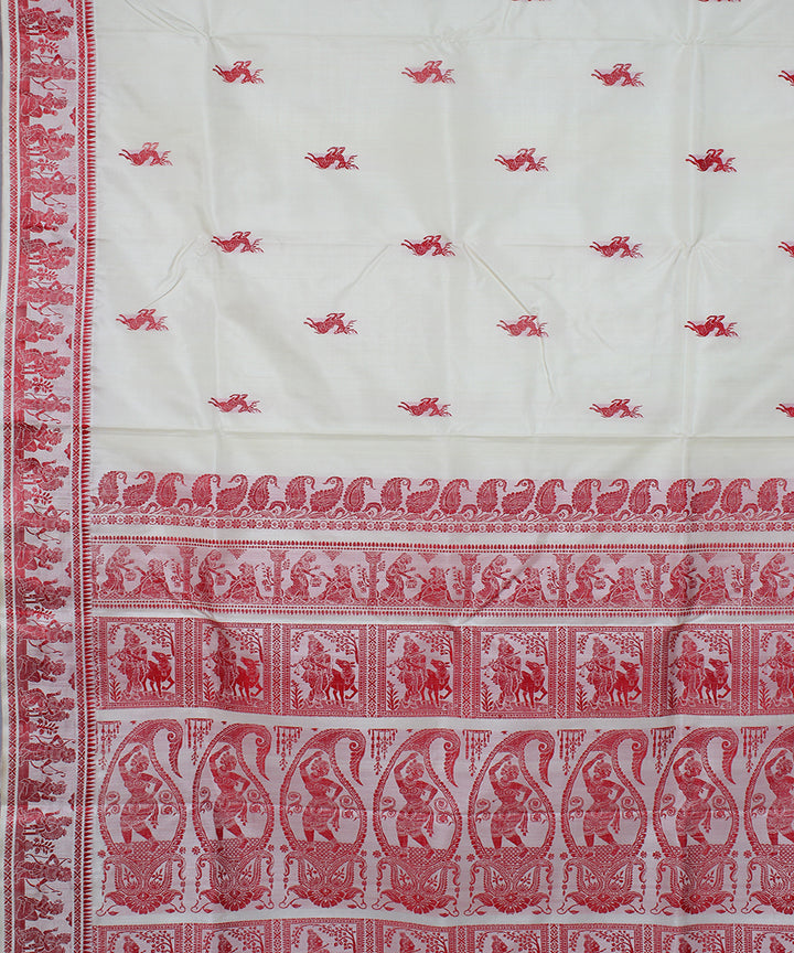 Off white and red handwoven silk baluchari saree