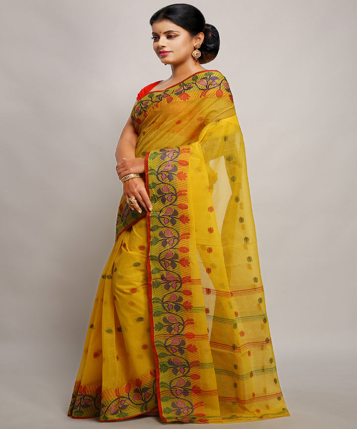 Yellow mustard handwoven tangail tant cotton bengal saree
