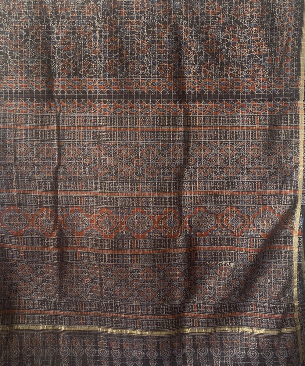 Grey hand block print chanderi cotton silk ajrakh saree