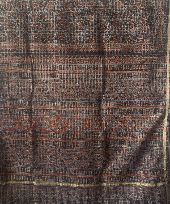 Grey hand block print chanderi cotton silk ajrakh saree