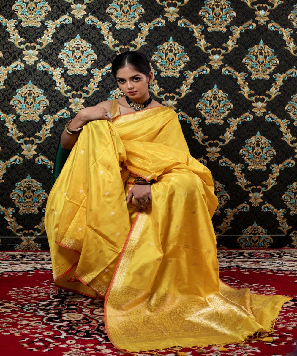 Yellow handloom silk kadua booti banarasi saree
