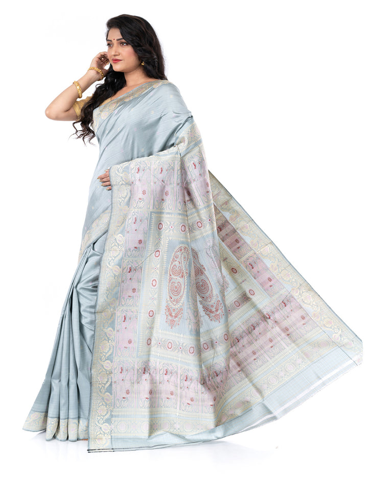 Grey handwoven malda silk swarnachari baluchari saree