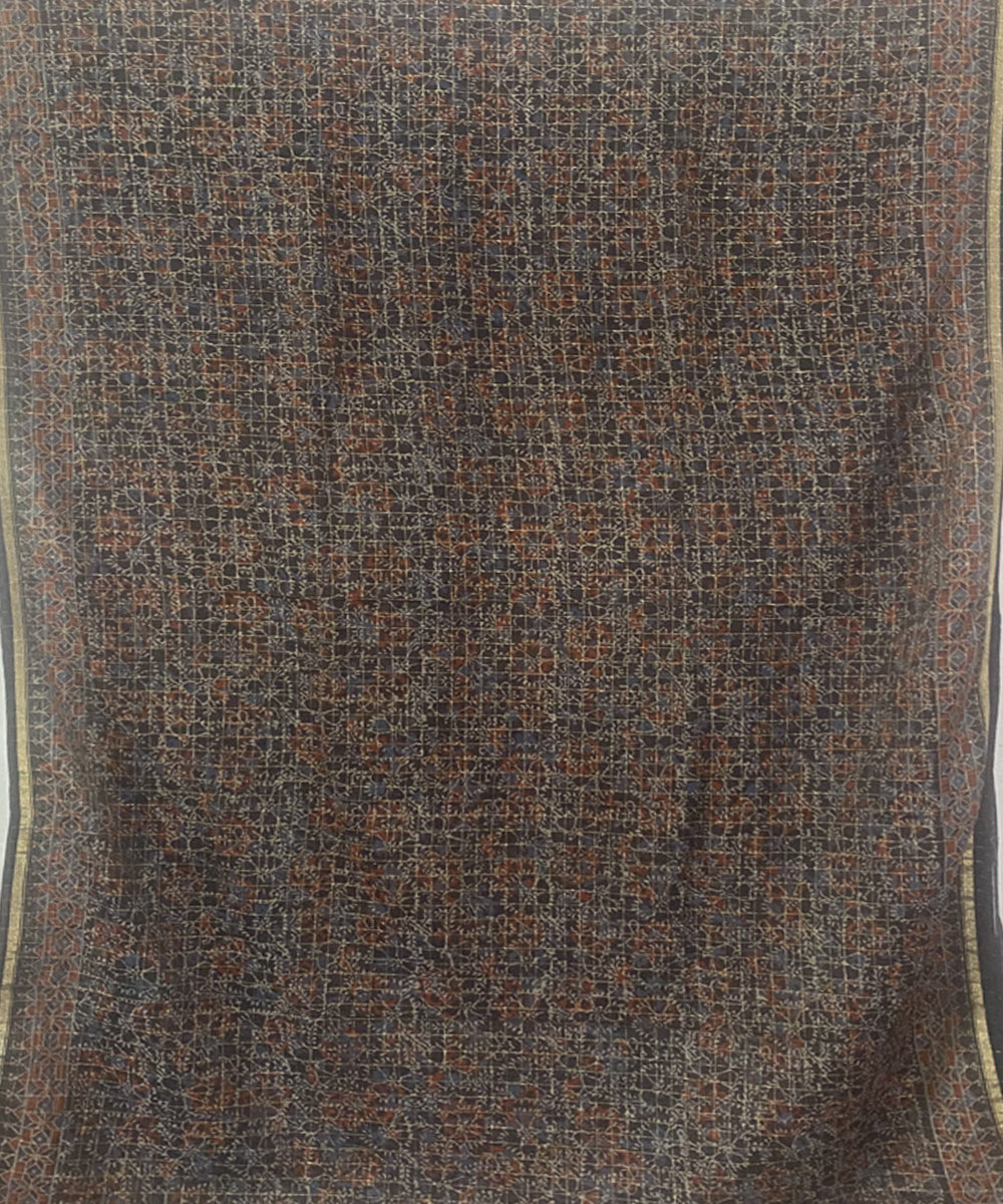 Grey hand block print chanderi cotton silk ajrakh saree