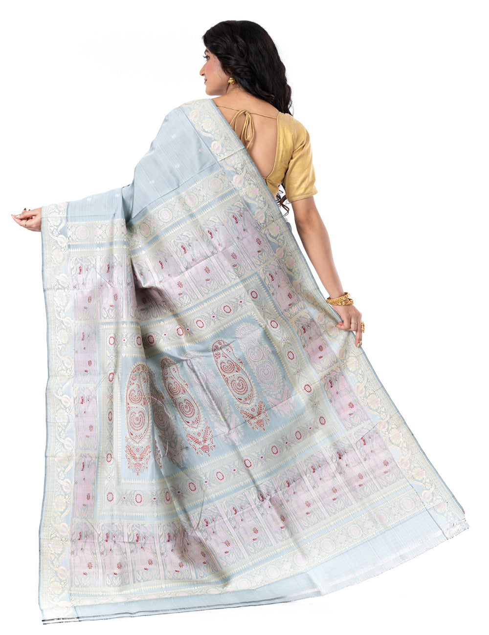 Grey handwoven malda silk swarnachari baluchari saree