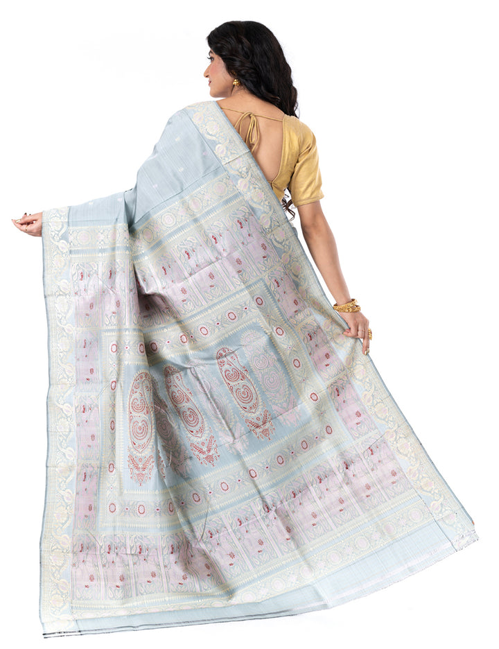Grey handwoven malda silk swarnachari baluchari saree