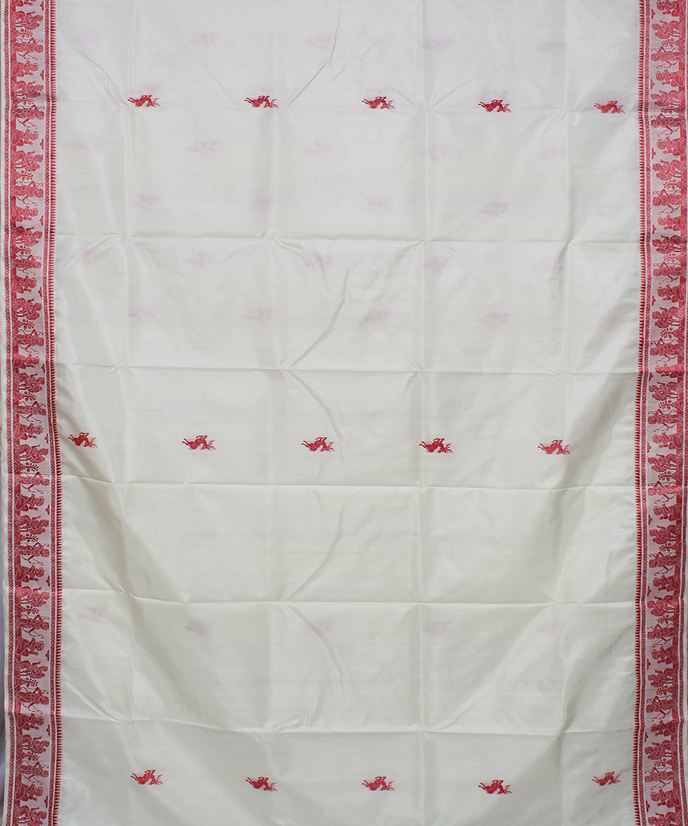 Off white and red handwoven silk baluchari saree