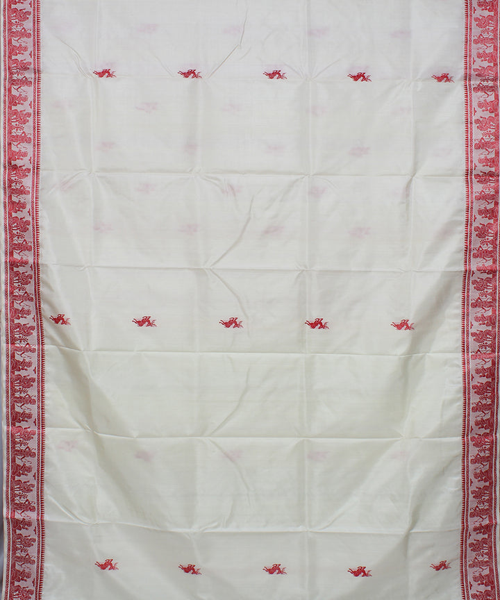 Off white and red handwoven silk baluchari saree