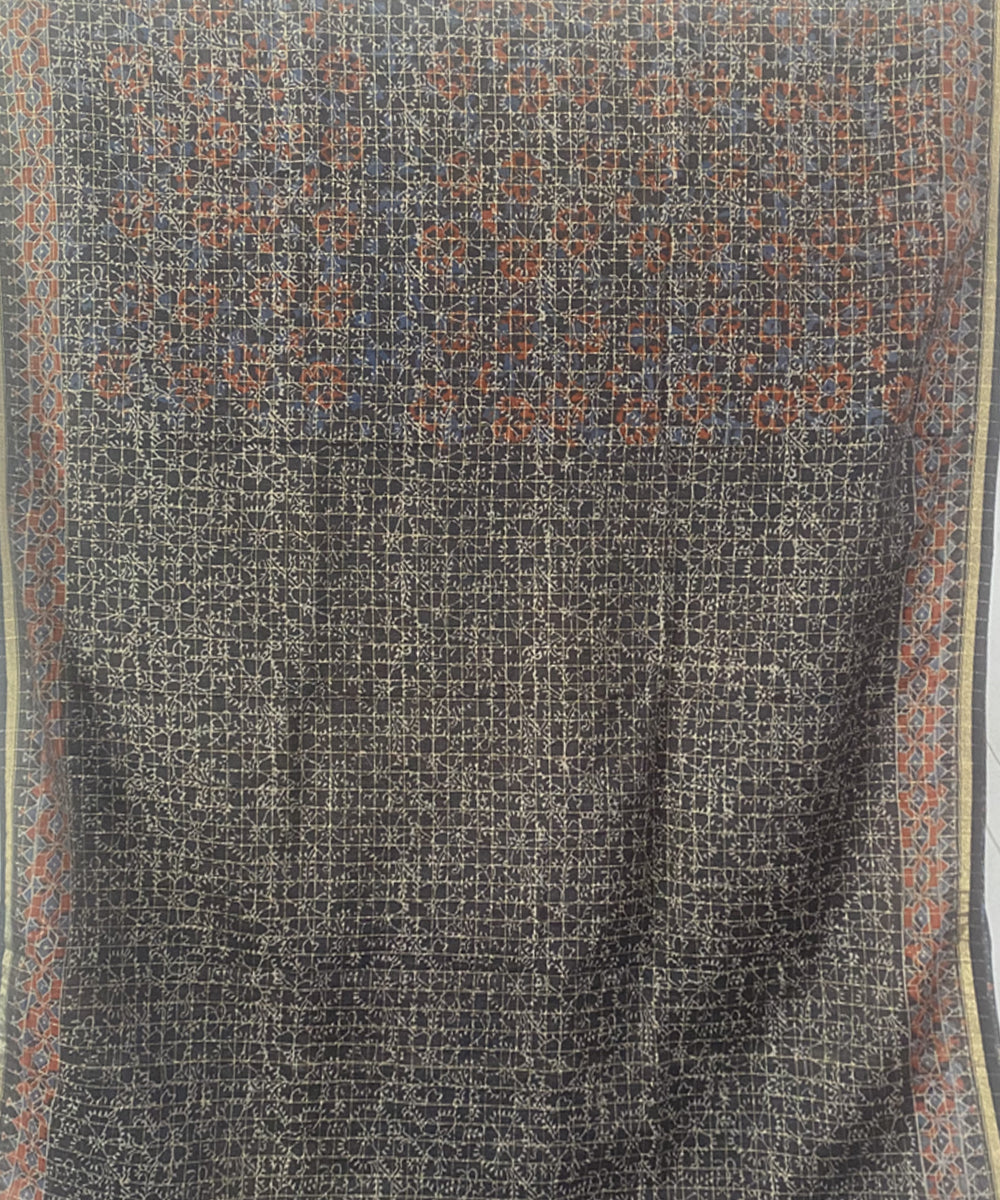 Grey hand block print chanderi cotton silk ajrakh saree