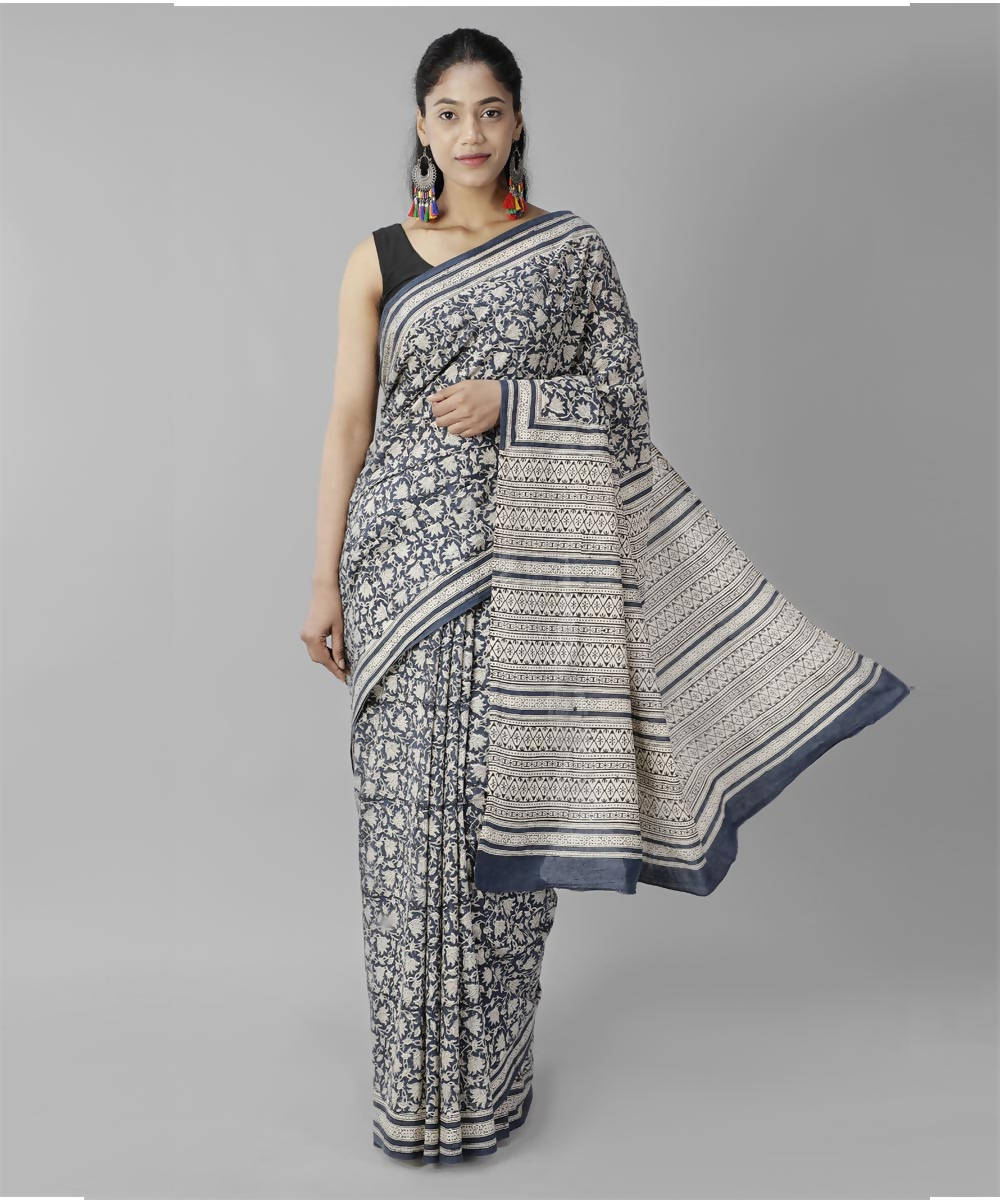 Dark grey bagru handblock printed cotton saree