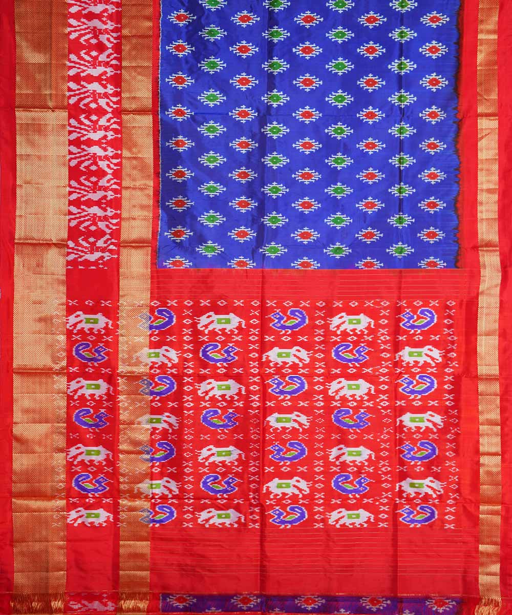 Navy blue red handloom silk pochampally ikat saree