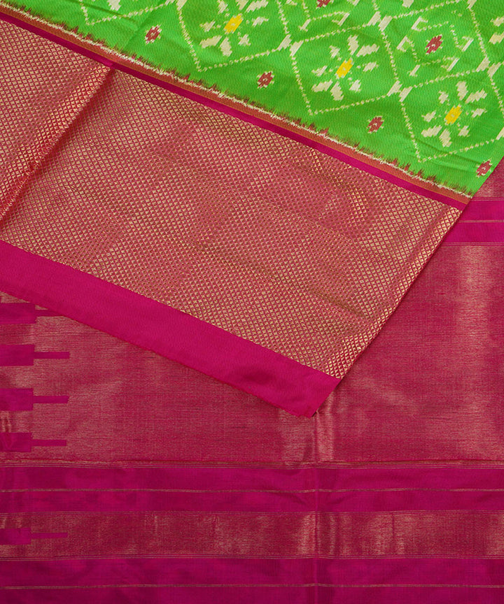 Lime green pink handwoven silk pochampally ikat saree