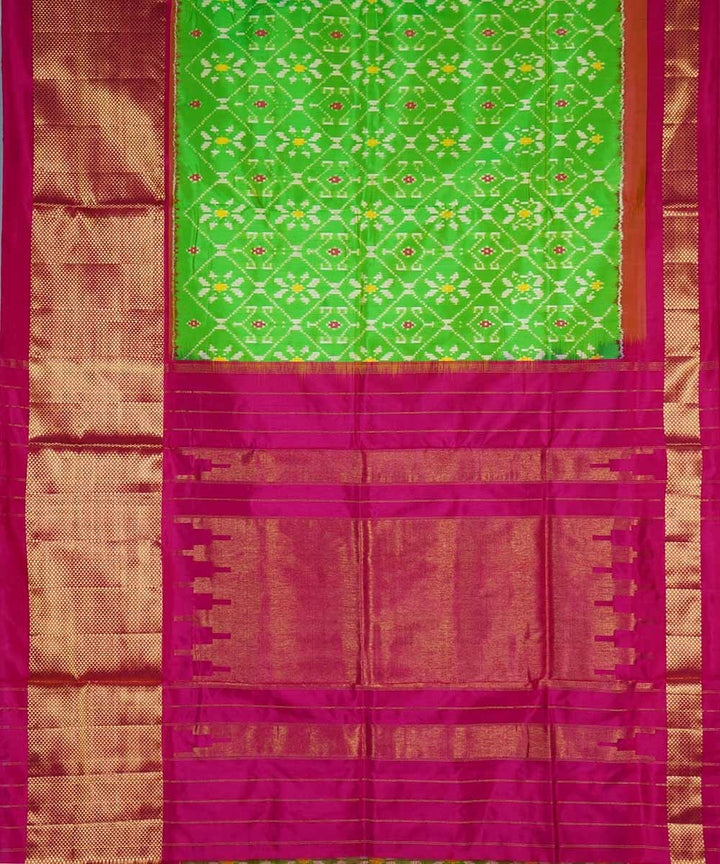 Lime green pink handwoven silk pochampally ikat saree