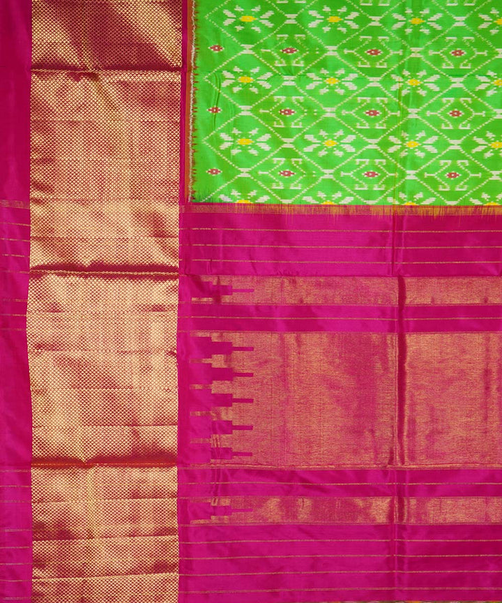 Lime green pink handwoven silk pochampally ikat saree