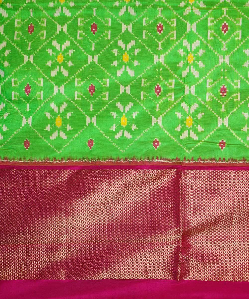 Lime green pink handwoven silk pochampally ikat saree