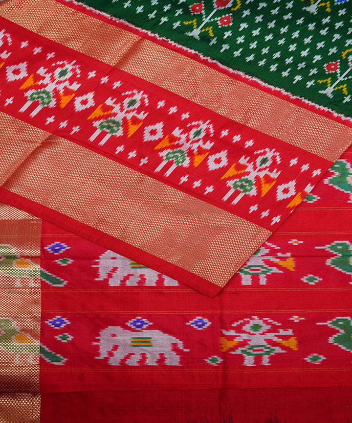 Dark green red handwoven silk pochampally ikat saree