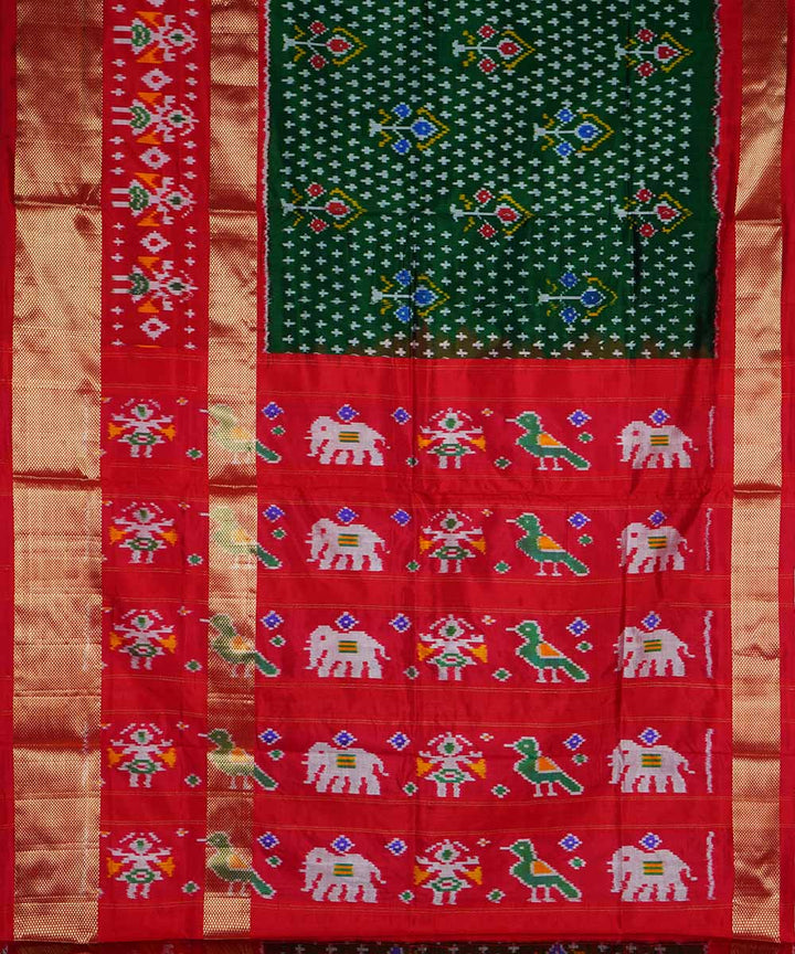 Dark green red handwoven silk pochampally ikat saree