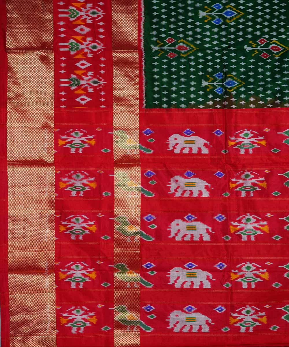 Dark green red handwoven silk pochampally ikat saree