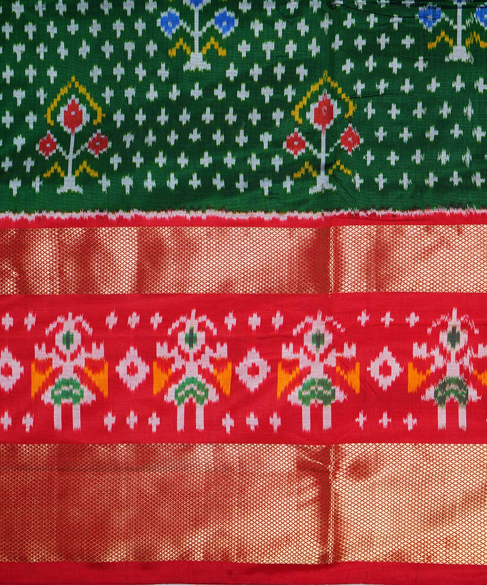 Dark green red handwoven silk pochampally ikat saree