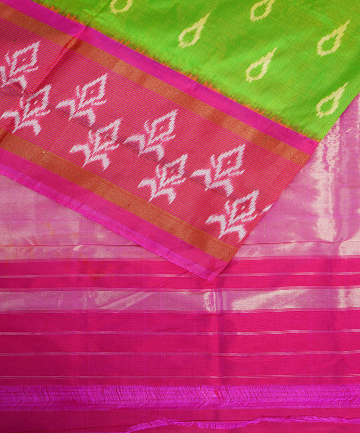 Parrot green pink handwoven silk pochampally ikat saree
