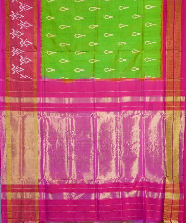 Parrot green pink handwoven silk pochampally ikat saree