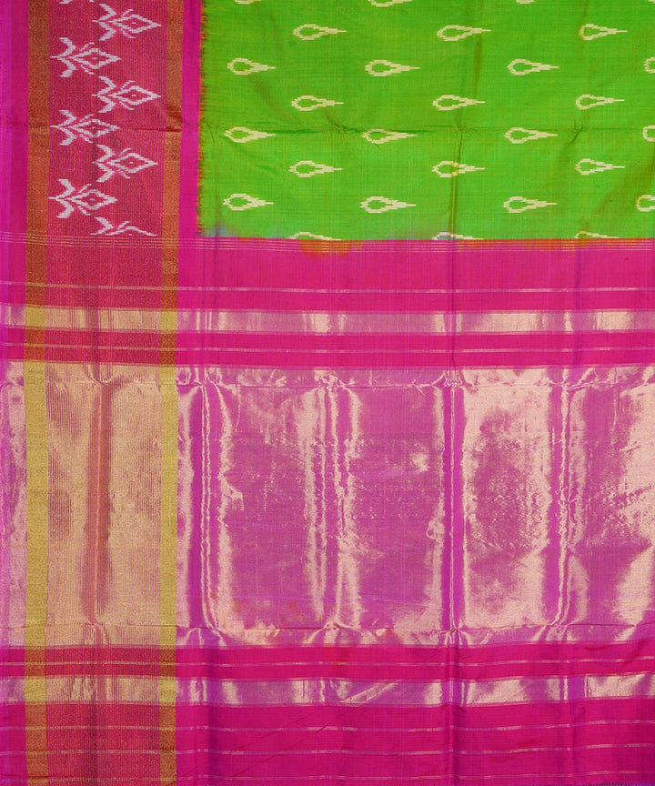 Parrot green pink handwoven silk pochampally ikat saree