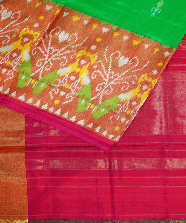 Light green pink handwoven silk pochampally ikat saree