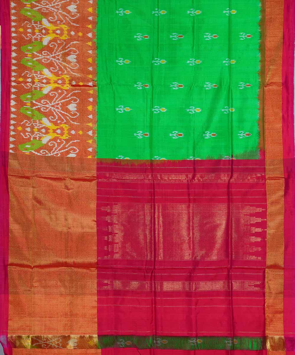 Light green pink handwoven silk pochampally ikat saree