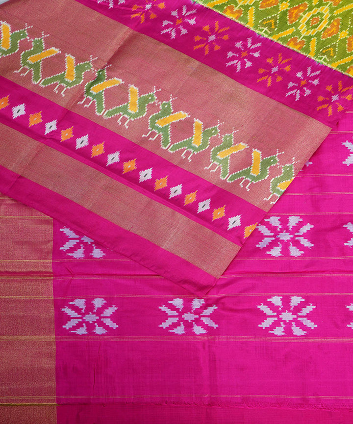 Lime and pink handwoven silk pochampally ikat saree