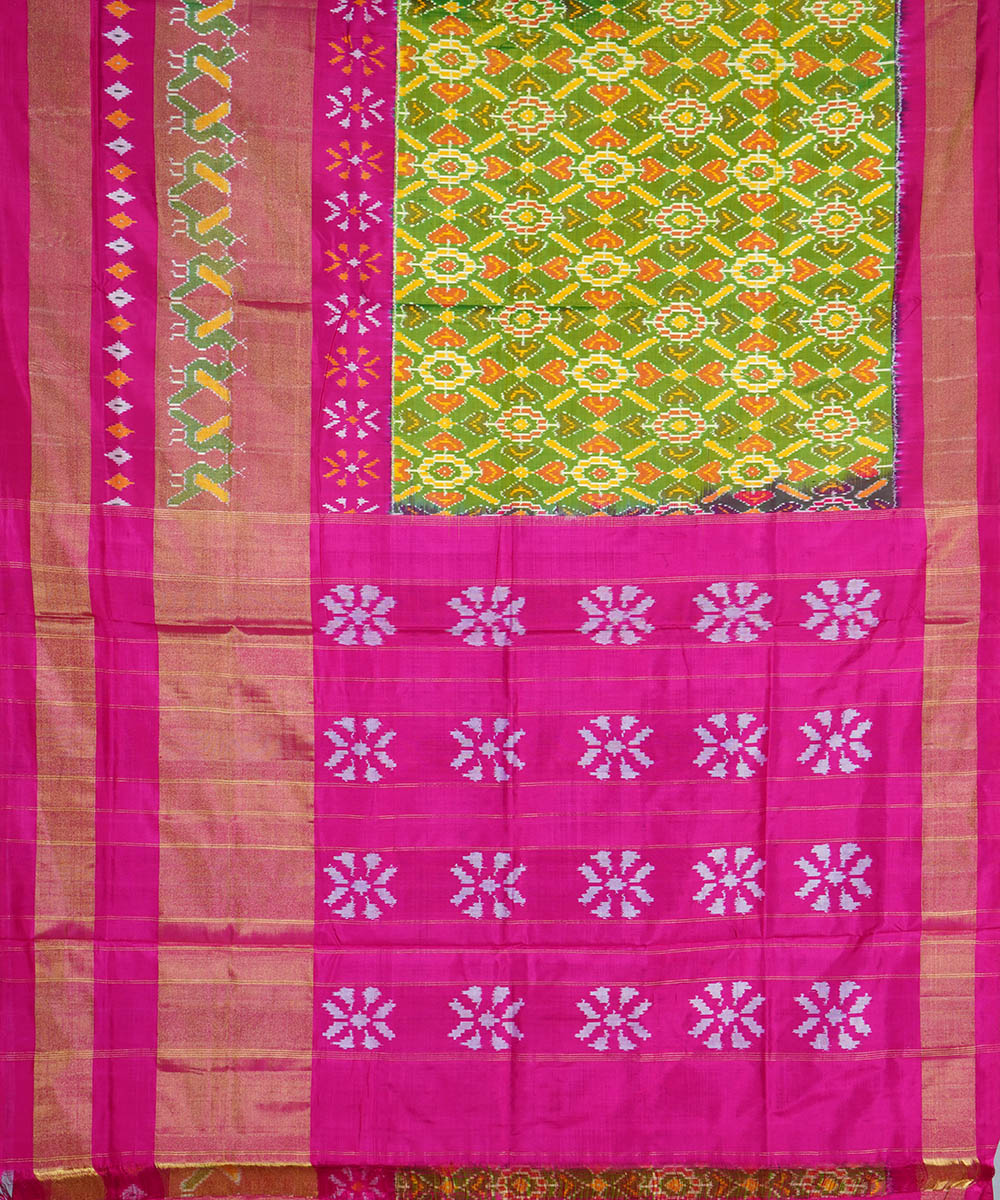 Lime and pink handwoven silk pochampally ikat saree