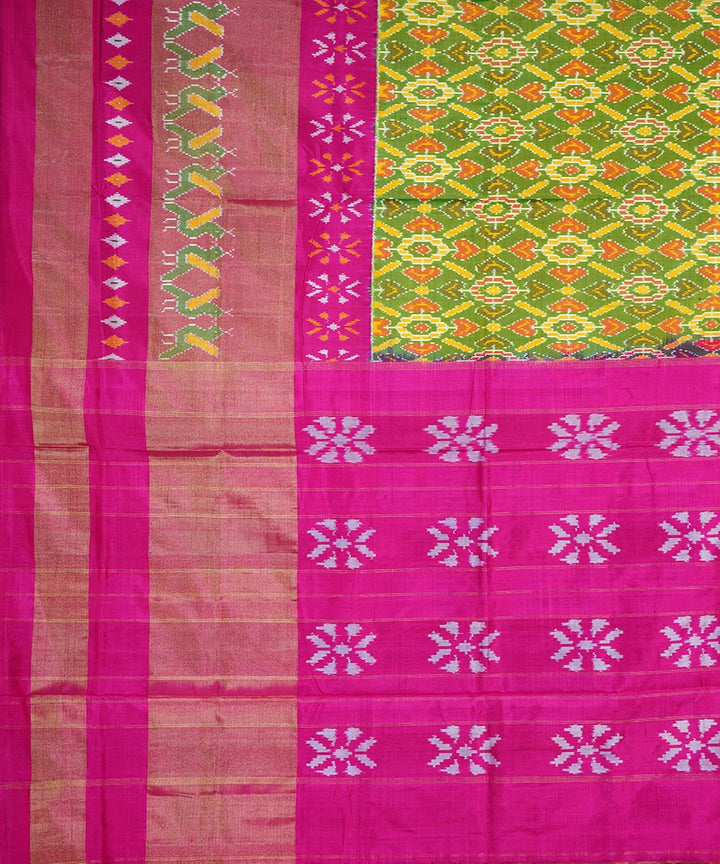 Lime and pink handwoven silk pochampally ikat saree