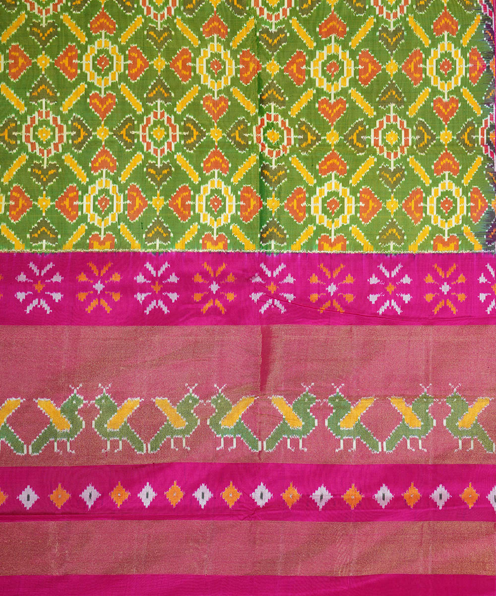 Lime and pink handwoven silk pochampally ikat saree