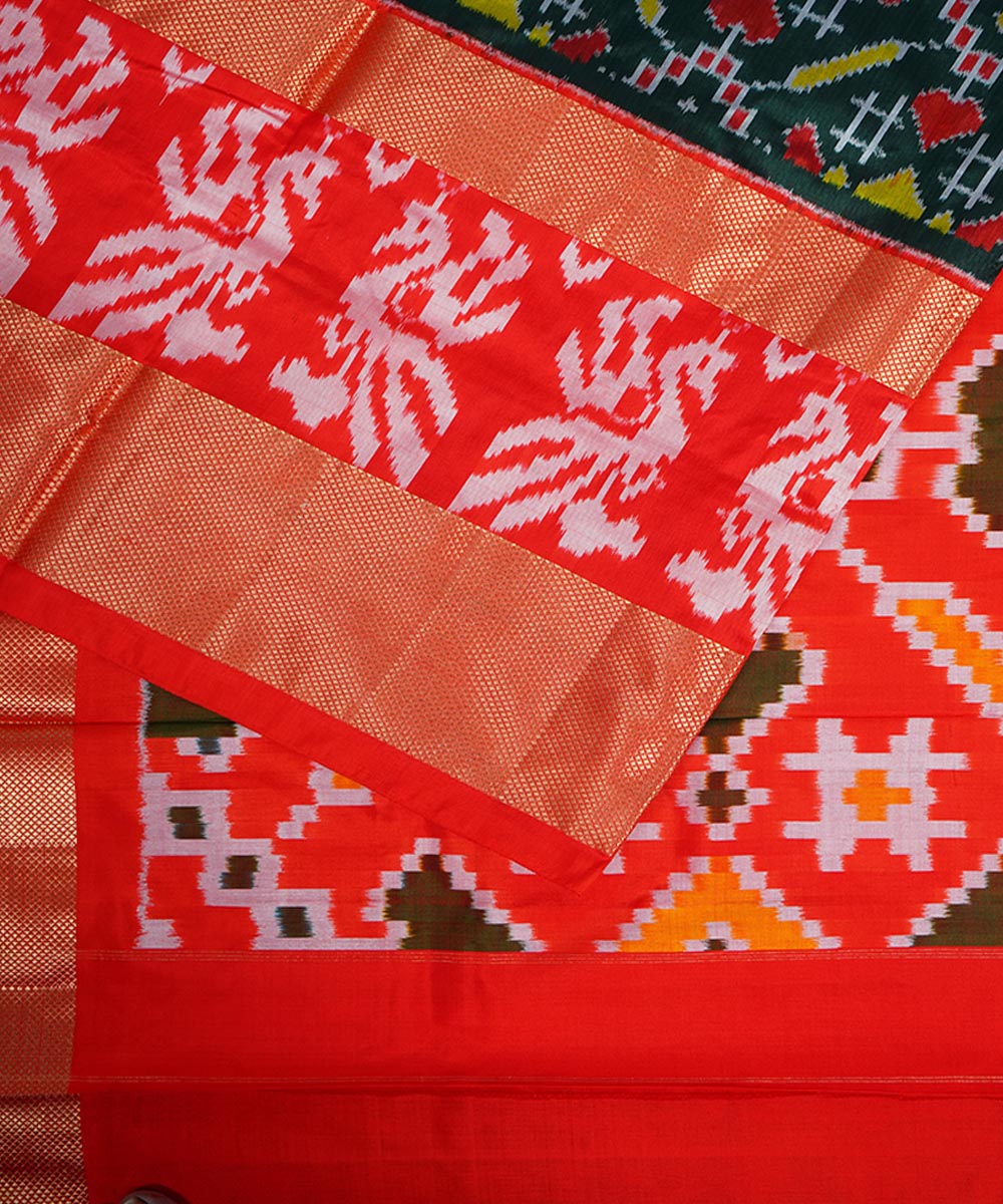 Dark green orange handwoven silk pochampally ikat saree