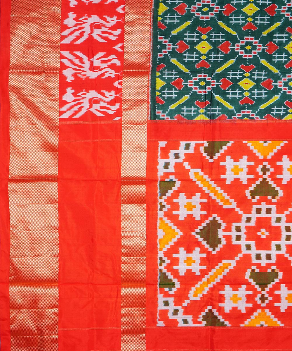 Dark green orange handwoven silk pochampally ikat saree