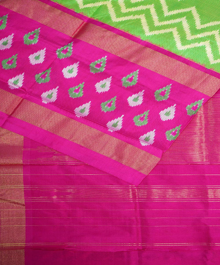 Lime green pink handloom silk pochampally ikat saree