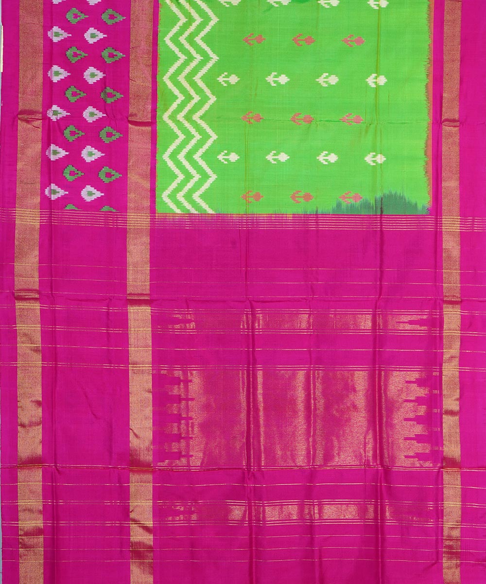 Lime green pink handloom silk pochampally ikat saree