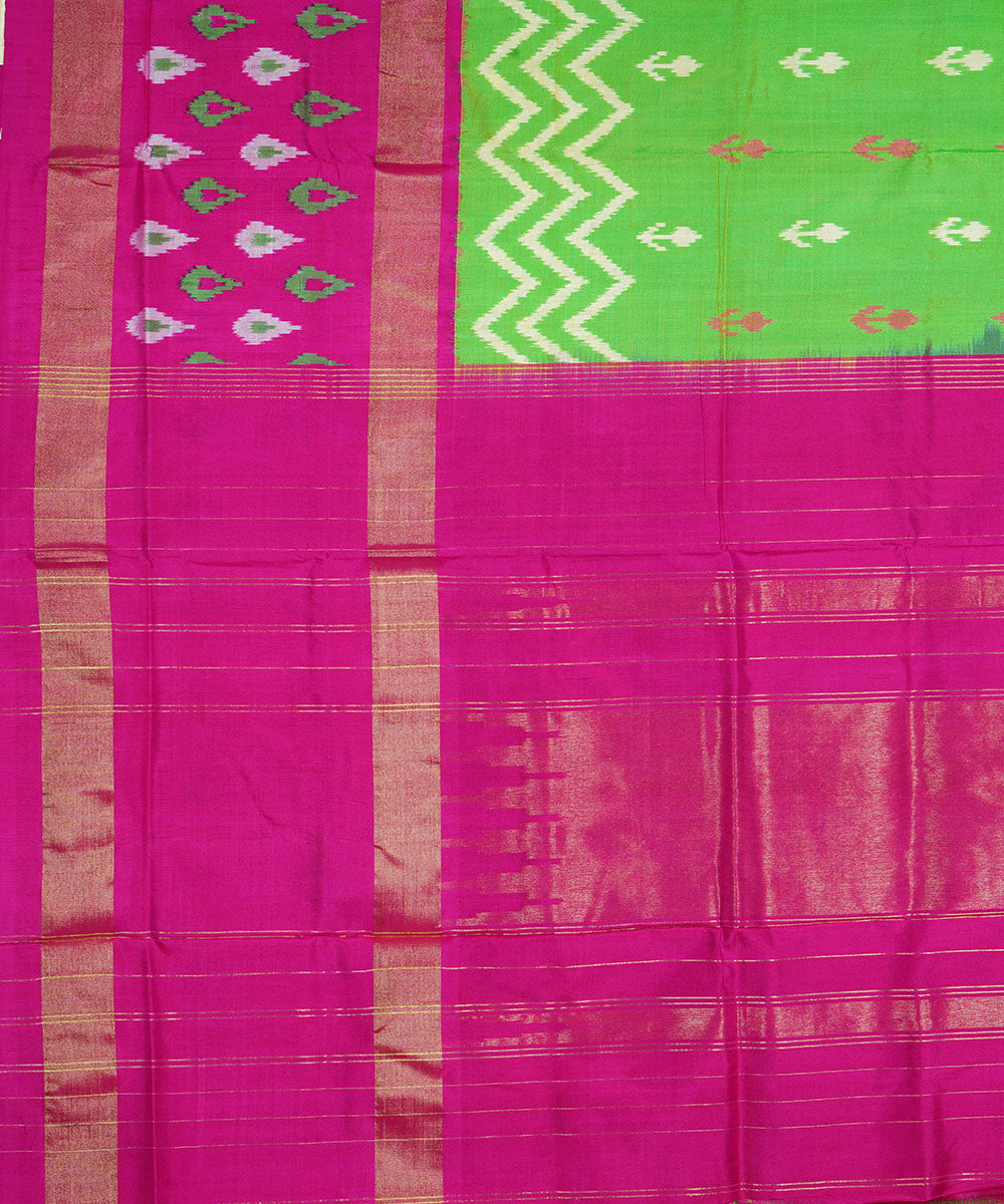 Lime green pink handloom silk pochampally ikat saree