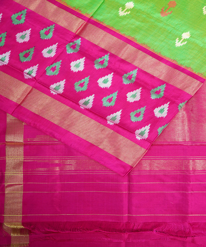 Lime green pink silk handwoven pochampally ikat saree