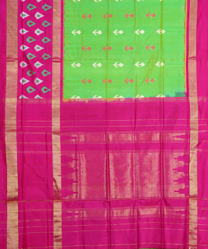 Lime green pink silk handwoven pochampally ikat saree