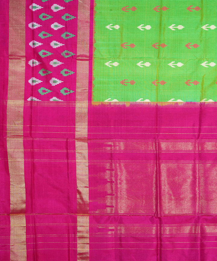 Lime green pink silk handwoven pochampally ikat saree