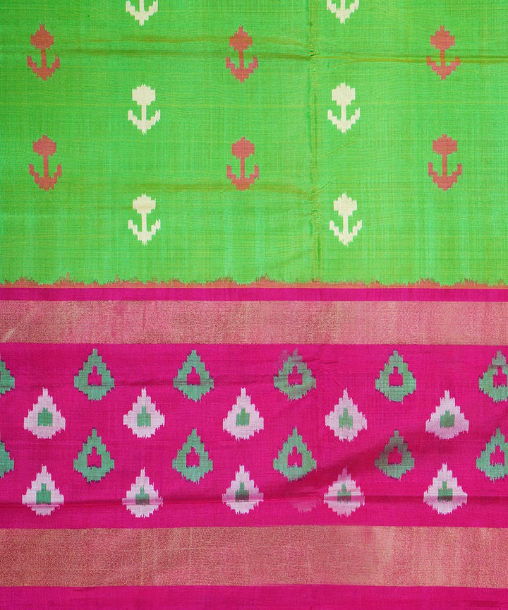 Lime green pink silk handwoven pochampally ikat saree