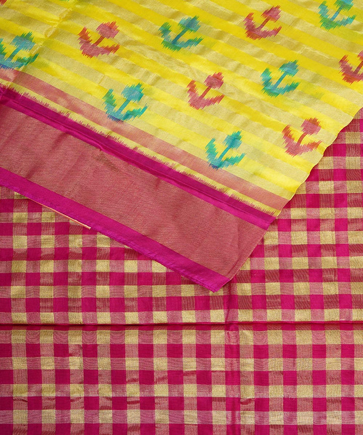 Yellow pink handwoven silk pochampally ikat saree