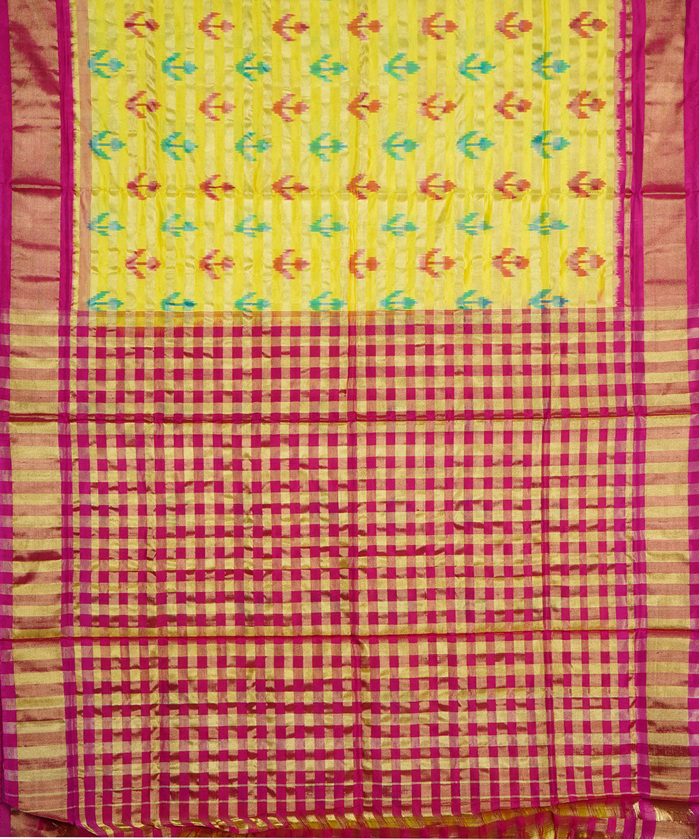 Yellow pink handwoven silk pochampally ikat saree