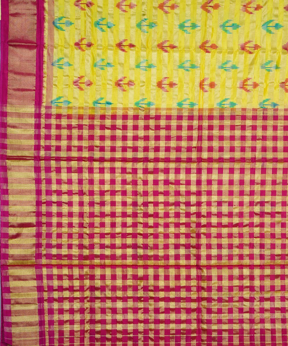 Yellow pink handwoven silk pochampally ikat saree