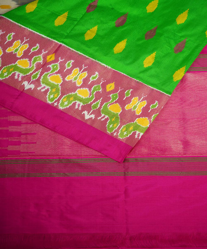 Lime green pink silk handloom pochampally ikat saree