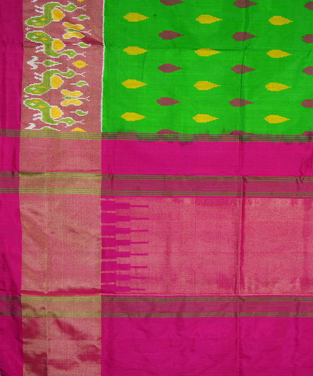 Lime green pink silk handloom pochampally ikat saree