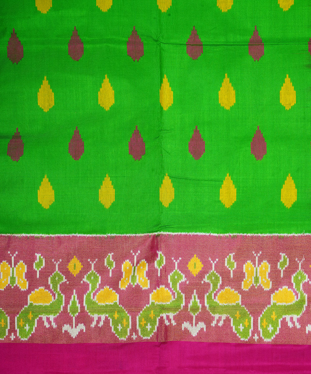 Lime green pink silk handloom pochampally ikat saree