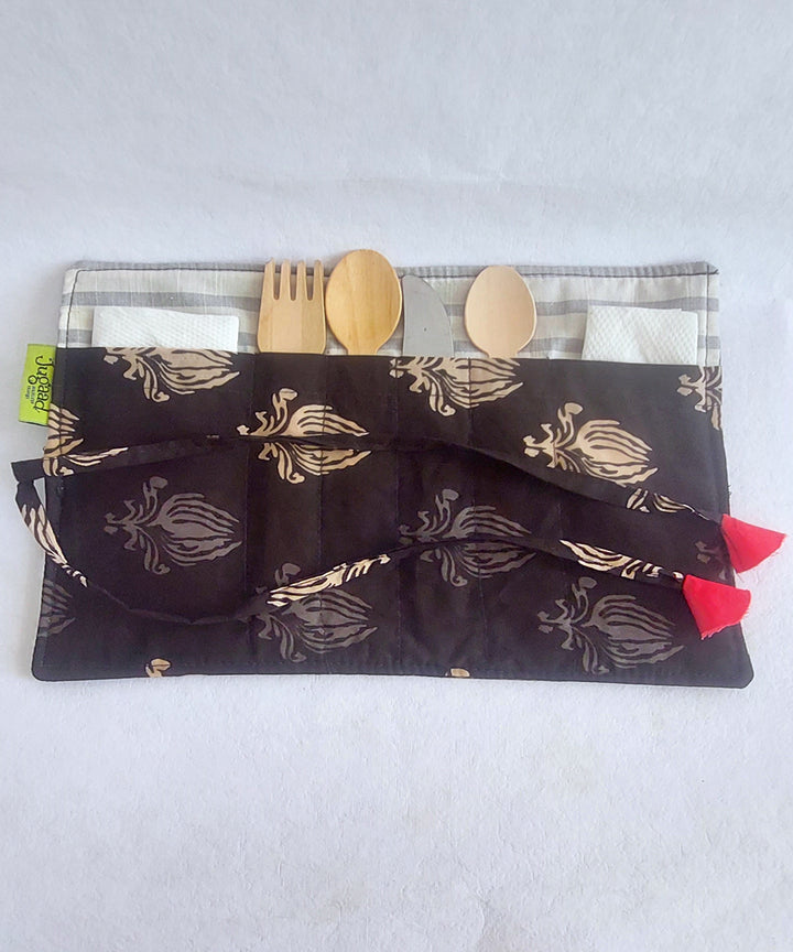 Brown black handcrafted cotton cutlery pouch